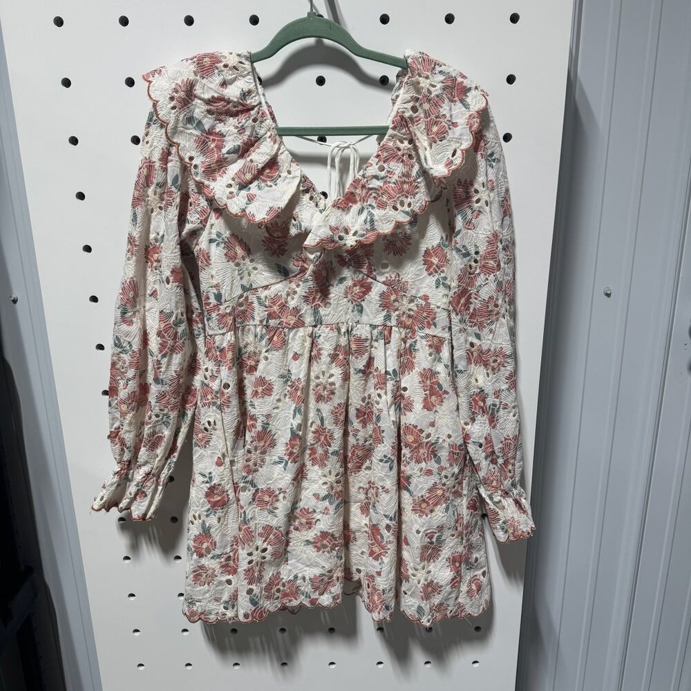 mini floral dress red green and white with sleeves and eyelet detail